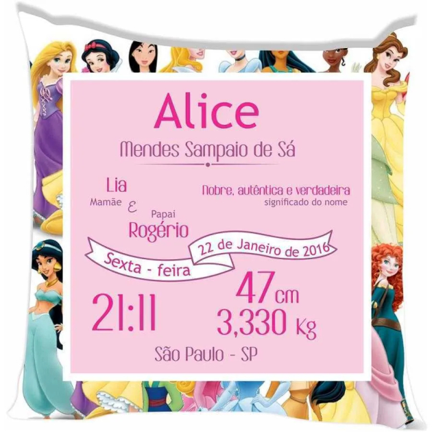 Almofada Informações do Nascimento Princesas