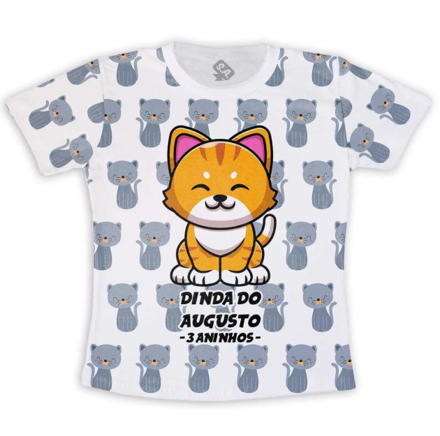 Camiseta Adulto Estampa Total Personalizada Gato e Gatinhos 