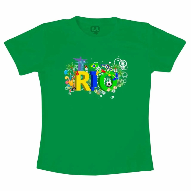 Camiseta Infantil 100% Algodão Verde Estampa Rio De Janeiro 