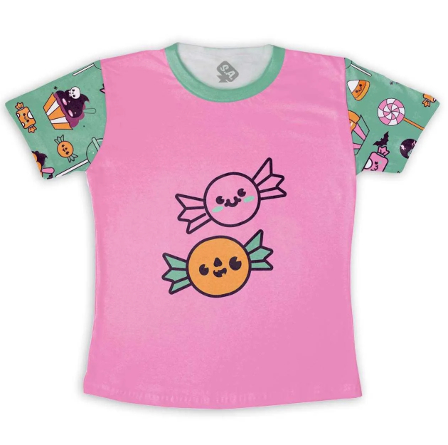 Camiseta Infantil Halloween Doces Rosa e Verde