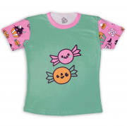 Camiseta Infantil Halloween Doces Verde E Rosa 