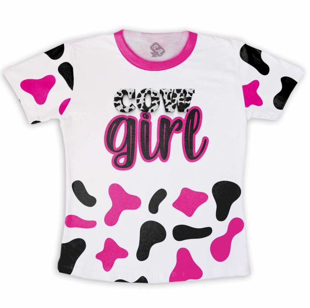 Camiseta Personalizada  Frente e Verso Cow Girl Branco E Rosa 
