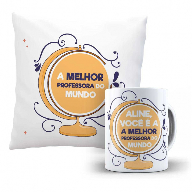 Kit Almofada E Caneca A Melhor Professora Do Mundo 