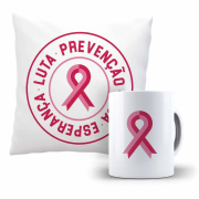 Kit Almofada E Caneca -  Outubro Rosa Luta Prevenção Vida Esperança