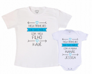 Kit Camiseta e body Primeiro Dia das Mães - flecha e coração com nome de menino 