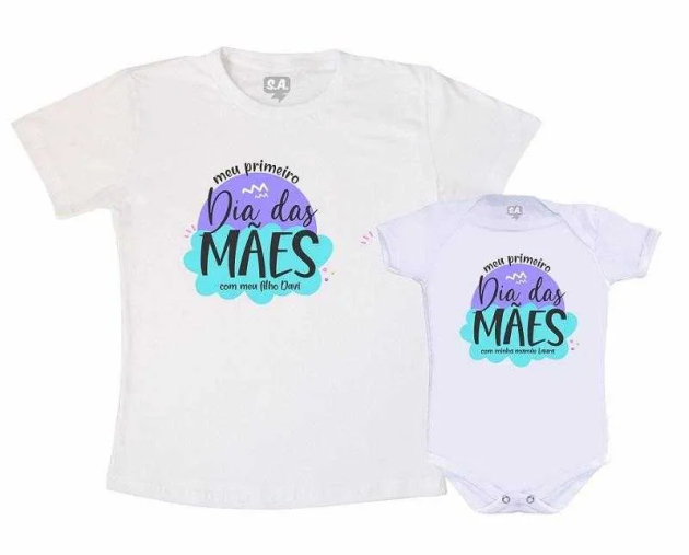 Kit Camiseta e body Primeiro Dia das Mães -  primeiro dia das mães com meu filho (nome)