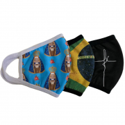 Kit com 3 Máscaras de Proteção Facial Reutilizáveis e Laváveis Nossa Senhora, Bandeira do Brasil e F