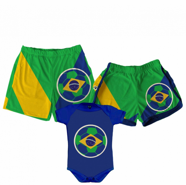 Kit Família Copa do Mundo Shorts Tactel Casal e Body Bebê Brasil Bandeira