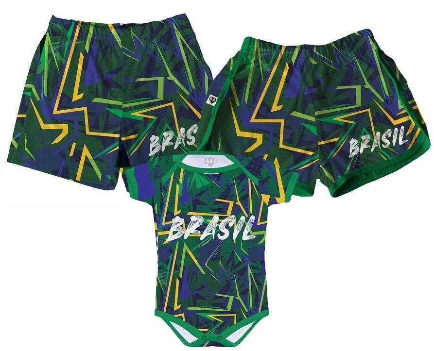 Kit Família Copa do Mundo Shorts Tactel Casal e Body Bebê Brasil