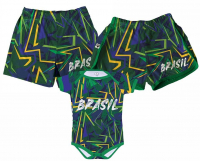 Kit Família Copa do Mundo Shorts Tactel Casal e Body Bebê Brasil Verde