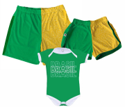 Kit Família Copa do Mundo Shorts Tactel Casal e Body Bebê Brasil