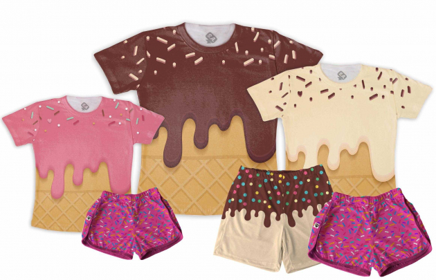 Kit Pijamas Família Divertido Verão Sorvetes 