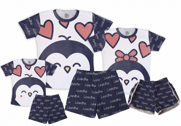 Kit Pijamas Família Temático Pinguim Com Nome