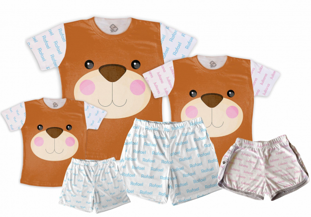 Kit Pijamas Família Temático Urso Com Nome