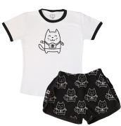 Pijama Feminino Adulto Curto De Malha Câmera Gatinho