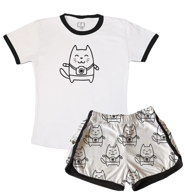 Pijama Feminino Adulto Curto De Malha  Gatinho Câmera Branco