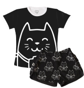 Pijama  Feminino Adulto Curto Gatinho Câmera