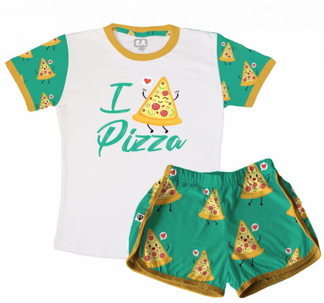 Pijama Feminino Adulto Curto De Malha Pizza