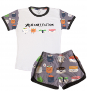 Pijama Feminino Adulto Curto De Malha  Sushi Collection