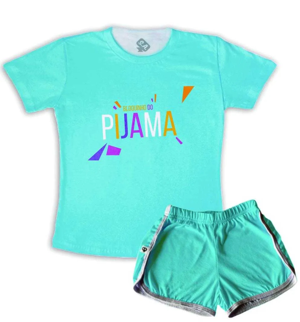 Pijama Feminino  Adulto Curto De Malha Bloquinho Do Pijama Ciano 