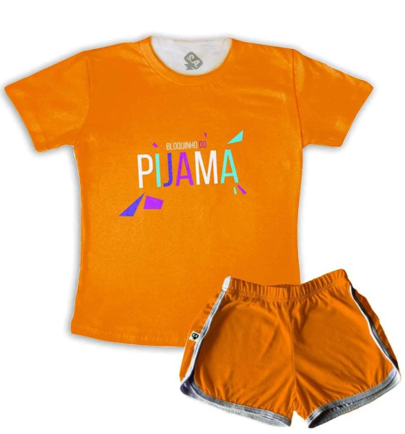 Pijama Feminino  Adulto Curto De Malha Bloquinho Do Pijama Laranja Liso 