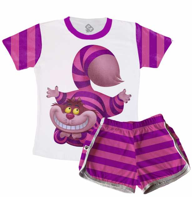 Pijama Feminino  Adulto Curto De Malha Gato Risonho