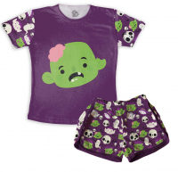 Pijama Feminino  Adulto Curto Halloween Monstrinho Roxo