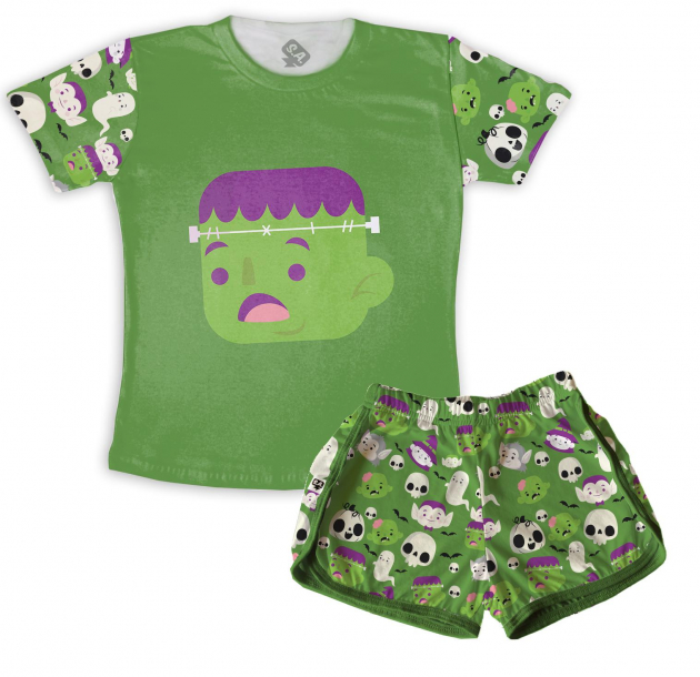 Pijama Feminino  Adulto Curto Halloween Monstrinho Verde