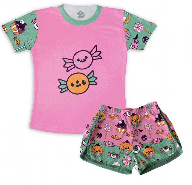 Pijama Feminino  Adulto Curto Halloween Rosa e Verde Doces 