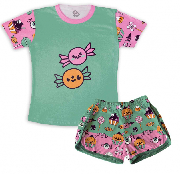 Pijama Feminino  Adulto Curto Halloween Verde E Rosa Doces