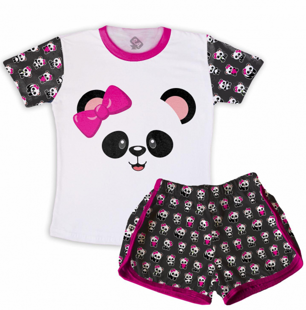 Pijama Feminino  Adulto Curto De Malha Panda