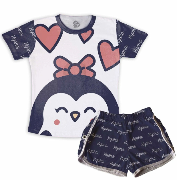 Pijama Feminino  Adulto Curto Pinguin Com Nome