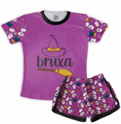 Pijama Feminino  Adulto Curto De Malha Temático De Halloween Bruxa