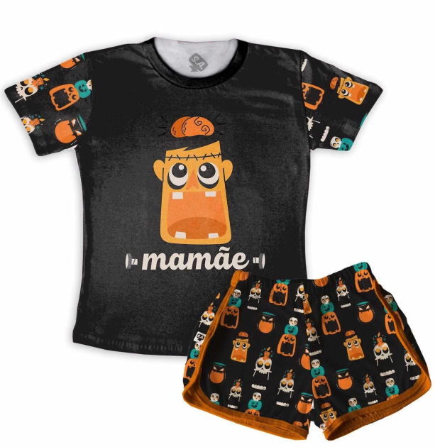 Pijama Feminino  Adulto Curto De Malha  Temático de Halloween Monstrinho