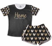 Pijama Feminino  Adulto Curto De Malha Temático De Natal - Home O Amor Mora Aqui Preto