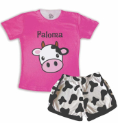 Pijama Feminino  Adulto Curto De Malha Vaquinha