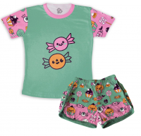 Pijama Feminino Infantil De Malha Halloween Verde e Rosa 