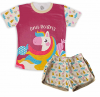 Pijama Feminino Infantil De Malha Personalizado Com Nome Tema Unicórnio 