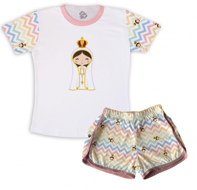 Pijama Feminino Infantil Malha Tema Nossa Senhora Aprecida