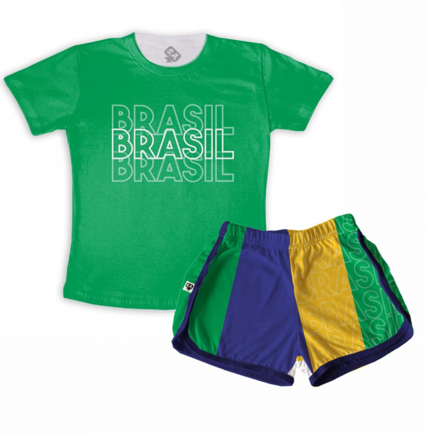Pijama Feminino Verde E Short Colorido Para A Copa 