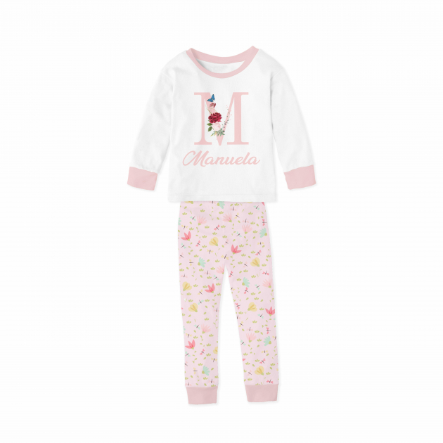 Pijama  Feminino Infantil De Malha Com Punho Floral Rosa