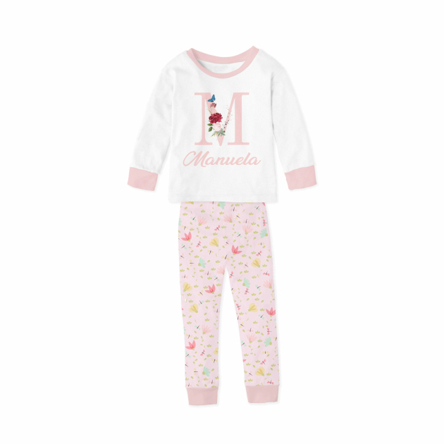 Pijama  Feminino Infantil De Malha Com Punho Floral Rosa