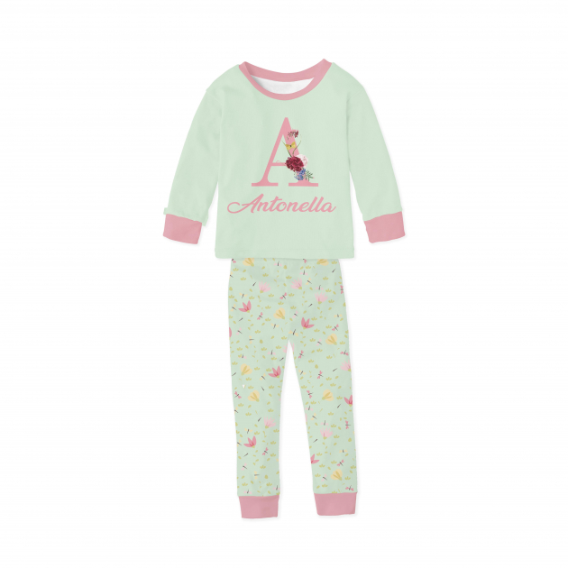 Pijama Feminino Infantil de Malha com Punho Floral verde