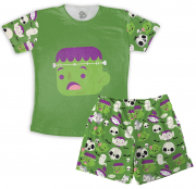 Pijama Masculino  Infantil De Malha Halloween Mostrinho Verde