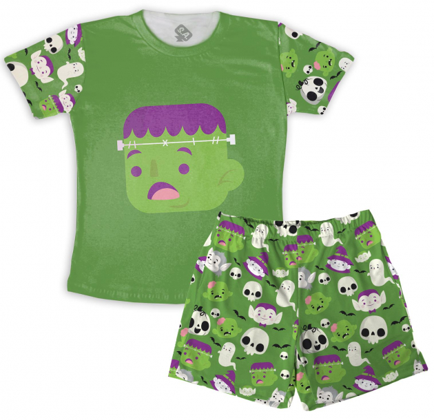 Pijama Masculino  Infantil De Malha Halloween Mostrinho Verde