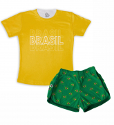 Pijama Infantil  Feminino Amarelo E Verde Com Bandeira