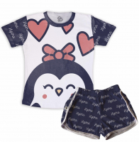 Pijama Feminino Infantil Malha Pinguim Com Nome