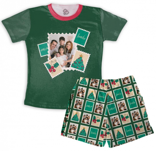 Pijama  infantil Personalizado Verde Masculino Com Fotos Para O Natal