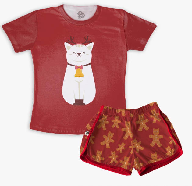 Pijama  Vermelho Adulto Feminino Para O Natal Gato-Noel 