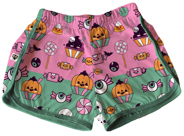 Short Tactel Feminino Adulto Verão Halloween Rosa e Verde Doces